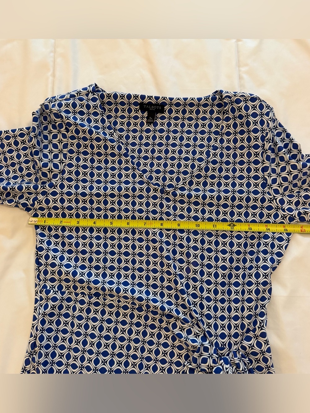 Talbots Navy & White Geometric Long Sleeve Wrap-Style Dress - Picture 6 of 11